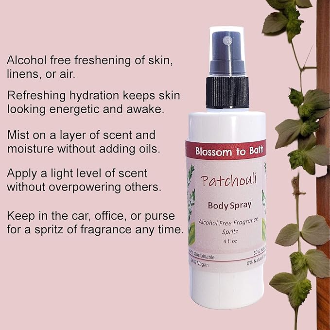 Blossom to Bath Patchouli Body Spray (4 Ounce) - Pure Essential Oil Fragrance - Energizes Skin with a Woodsy Exotic Scent