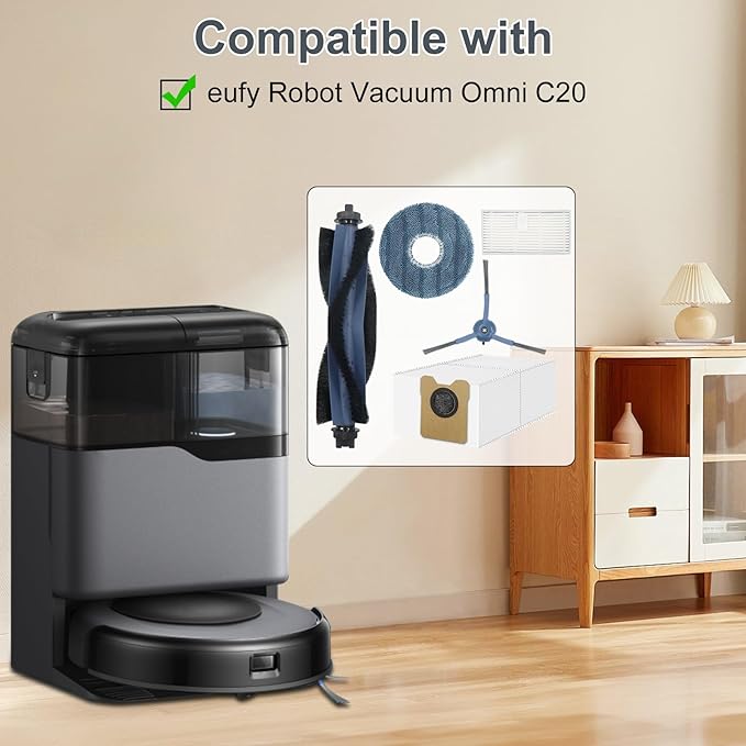 28 Pack Replacement Accessories for Eufy Omni C20 Robot Vacuums Parts, 2 Main Brush, 6 Side Brushes, 6 Washable Filters, 6 Dust Bags, 6 Mop Pads, 1 Cleaning Tool and 1 Screwdriver