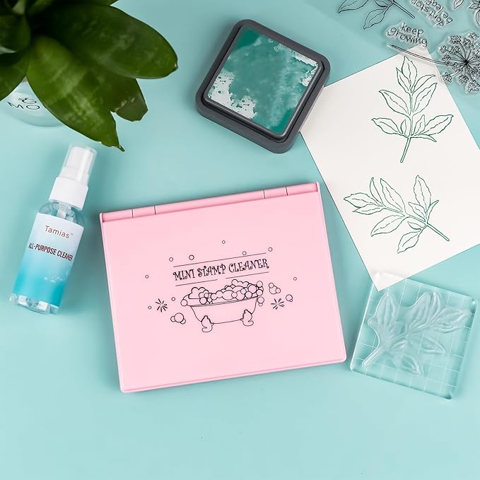 Briartw Stamp Cleaning Kit:Pink Stamp Scrubber & All-Purpose Stamp Cleaner Spray | Dual-Sided Cleaning Pad for Rubber, Clear, Cling & Foam Stamps | Complete Care for Water-Based & Permanent Inks