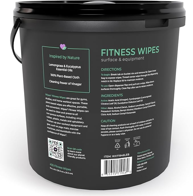 Wipex Yoga Mat Cleaner Wipes, EWG Verified, 400 Ct Plant-Based Lemongrass, Eucalyptus & Vinegar Wipes for Gym & Fitness Equipment & All Purpose Gym Cleaning - Safe for Peloton Bikes & Treadmills