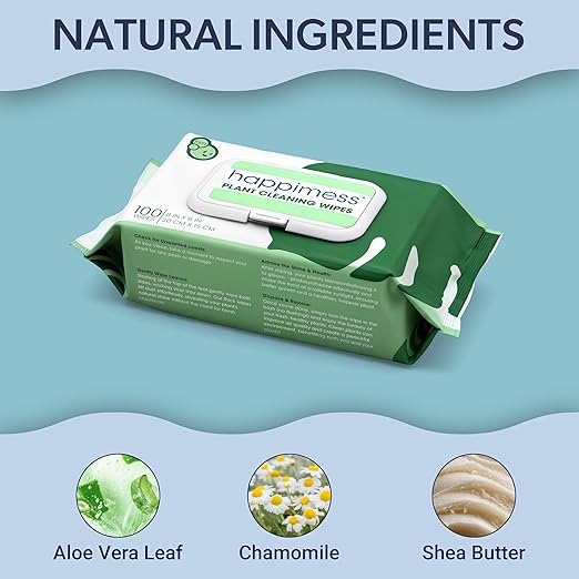 happimess WPE1000A Plant Cleaning Wipes, Gently Cleans & Shines Houseplant Leaves, Dust Remover with Aloe Vera, Shea Butter & Chamomile, 100 Count
