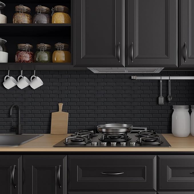 Matte Black Peel and Stick Subway Tiles for Kitchen, Thicker Design Stick on Tlies for Living Room, Large 10-Sheet Self-Adhesive Kitchen Backsplash (12''×12'')