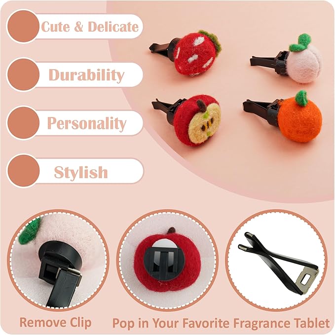 Wonhibo Fruit Car Air Freshener Vent Clip, 4 Pack Cute Soft Stuffed Vent Decor Car Decorative Accessories for Women
