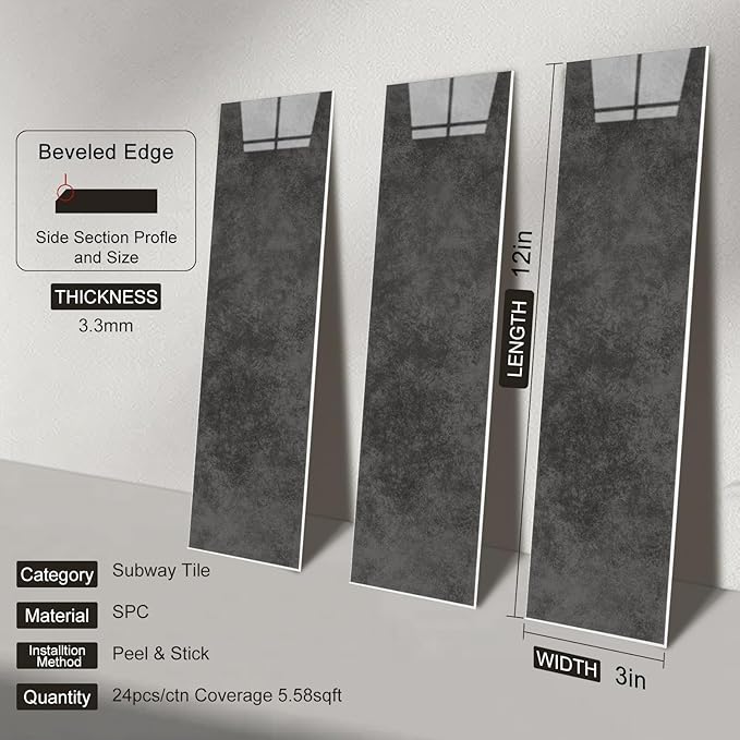 24-Pieces Peel and Stick Tiles for Kitchen Backsplash, New Upgrade Design 12" x 3"SPC Subway Backsplash Tiles, Marble Black Premium Finger Tiles (Dark Grey).