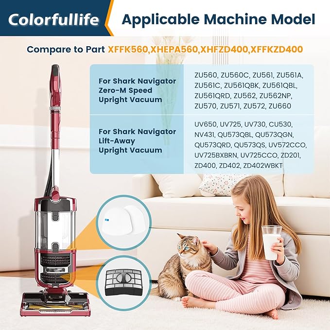 Colorfullife Replacement Filter for Shark CU530 UV650 UV725 ZU560 ZU560C ZU561 ZU562 ZU572 ZD400 ZD402 ZD201 Rotator Navigator Lift-Away Upright Vacuum，Part XFFK560, XHEPA560, XFFKZD400, XHFZD400