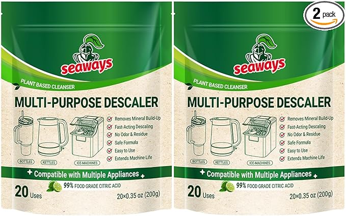 Multi-Purpose Descaler and Cleaner Powder (40-Uses) for Ice Maker Machine, Kettle, Tumbler, Bottles, Coffee Machine, Faucets, Shower Head, Limescale and Build-Up Remover, 20*0.35 oz (2 Packs)