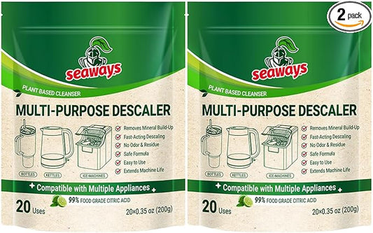 Multi-Purpose Descaler and Cleaner Powder (40-Uses) for Ice Maker Machine, Kettle, Tumbler, Bottles, Coffee Machine, Faucets, Shower Head, Limescale and Build-Up Remover, 20*0.35 oz (2 Packs)