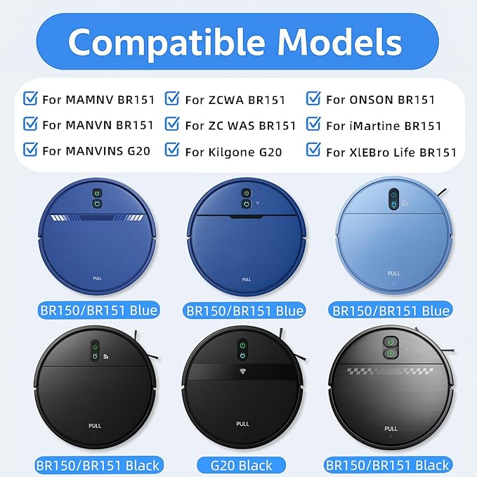 Replacement Parts for MAMNV BR150/BR151, for ZCWA BR150/BR151, for ONSON BR150/BR151, for MANVINS G20, for Kilgone G20 Robot Vacuum Mop Combo Accessories,4 Side Brush 2 HEPA Filters 2 Mop Pads