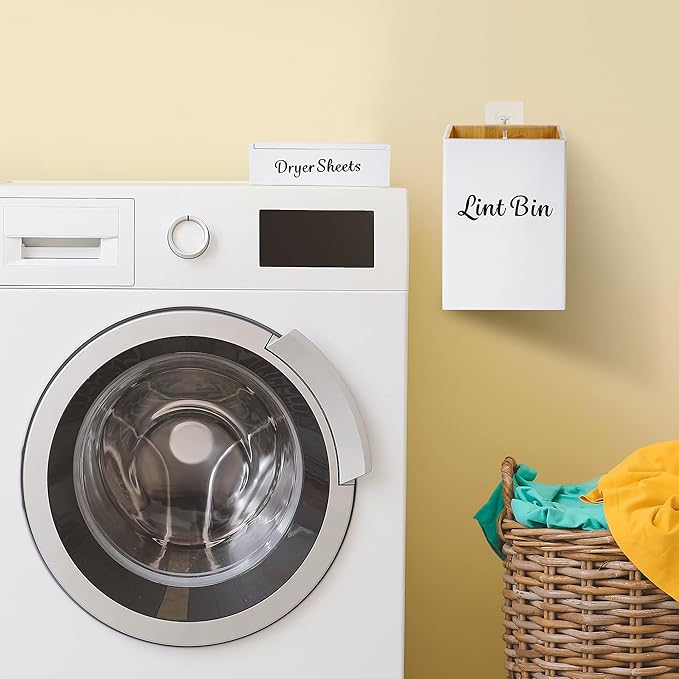 FJO Magnetic Lint Bin for Laundry Room - Bamboo Magnetic Lint Bin with Lid, Wall Mounted Dryer Sheet Holder Laundry Pods Dispenser Set,Farmhouse Magnet Trash Can Decor, Lint Box for Laundry Room