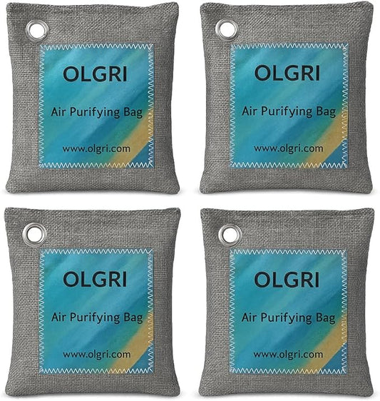 Charcoal Air Purifier Bags by OLGRI – Natural Odor Absorber for Cars, Bathrooms, Closets, Shoes & Pets – 4-Pack Bamboo Deodorizer with Activated Charcoal