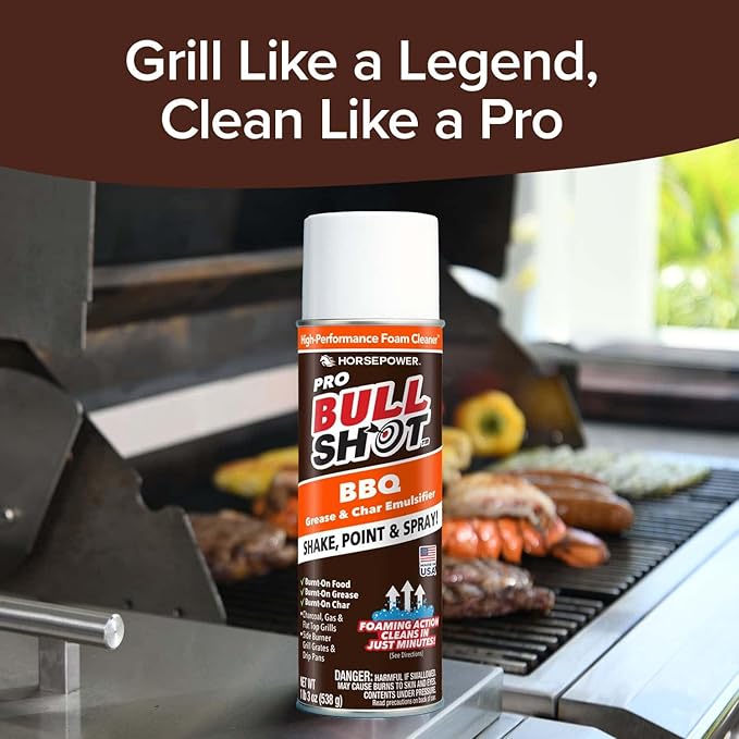 Bull Shot BBQ Pro, Foaming Grill Cleaner, AS SEEN ON TV, Professional Strength Foam Spray Emulsifies Burnt Grease & Char on Grates, Racks, Pans, Smokers & Griddles Cleans in Just 10 Min - Made in USA