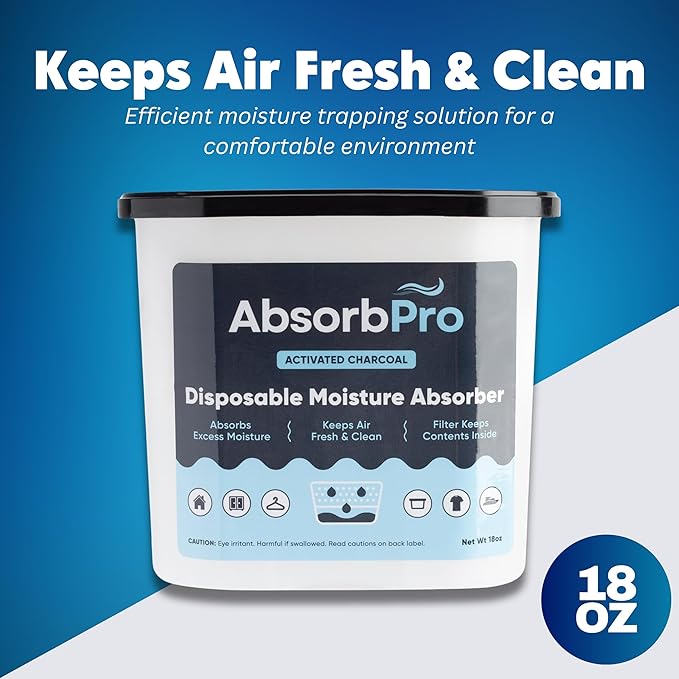 Moisture Absorber Tub with Activated Charcoal - 3-Pack - 18 oz Disposable Odor Eliminator Box & Dehumidifier for Garage, Home, Kitchen, Bedroom, Bathroom, Closet, Cars, and Boats
