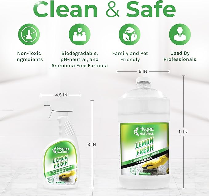 Hygea Natural Lemon Fresh All Purpose Cleaner - Chemical-Free - Removes Soil, Dirt & Grease - Wet Gloss Finish - Biodegradable, pH-Neutral & Ammonia Free (24oz Spray & 128oz Concentrated Gallon)