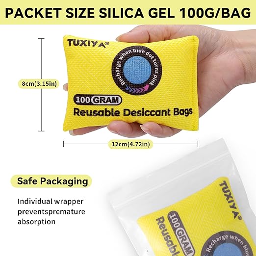 12Pack(100g Each) Rechargeable Silica Gel Desiccant Packets,Color Indicating Desiccant Packs for Storage,Moisture Absorbers for Storage Bins,Suitcase,Safes,3D Filaments,Wet Zones and Cars