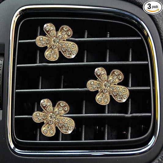 Daisy Air Vent Clips, 3 Pcs Cute Flower Crystal Rhinestone Car Air Conditioning Outlet Clip Vehicle Air Freshener Clip Charm Car Inter Decor Accessories for Women (Golden, 1.6inch)