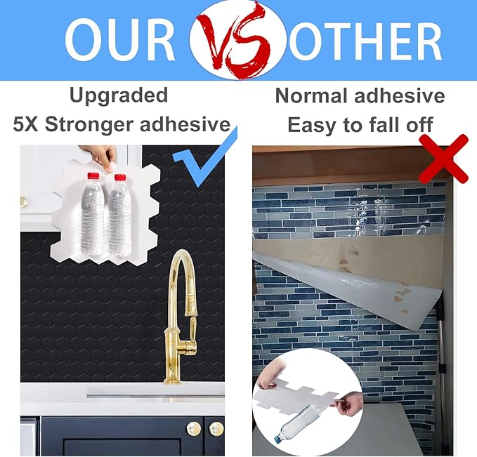 Matte Black Hexagon Peel and Stick Wall Tiles for Kitchen, Large Design 10-Sheet Stick on Backsplash for Bathroom, Kitchen, RV, etc（12''×12''）.