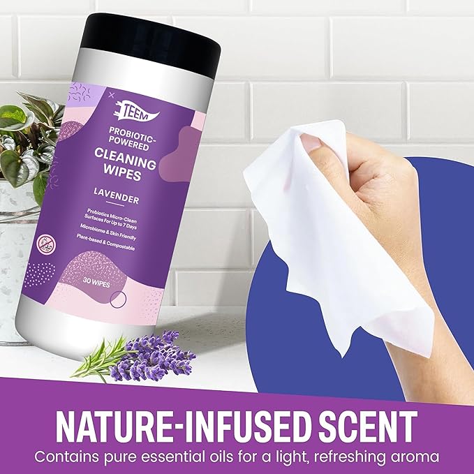TEEM Probiotic Cleaning Wipes with Lavender Essential Oil, Microcleans Surfaces for up to 7 Days, Home Compostable & Biodegradable, All-Natural Multi Surface Wipes - 30 Count (Pack of 1)