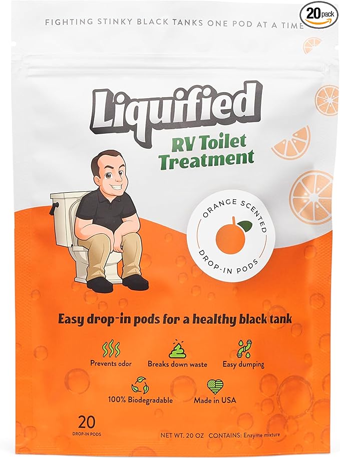 Liquified RV Toilet Treatment Drop-Ins - Prevents Tank Odors - Breaks Down Waste and Tissue - Septic Tank Safe - Matts RV Reviews - Orange Scent - 20 Treatments (20 1oz pods)