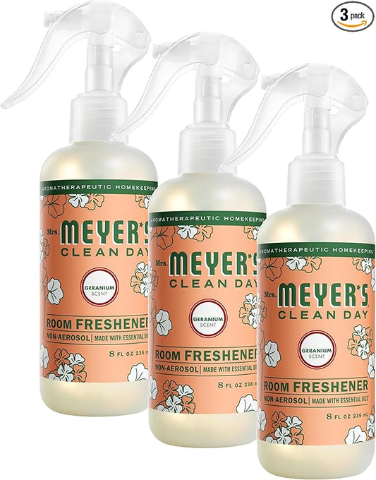 MRS. MEYER'S CLEAN DAY Room and Air Freshener Spray, Non-Aerosol Spray Bottle Infused with Essential Oils, Geranium, 8 Fl. Oz (Pack of 3)