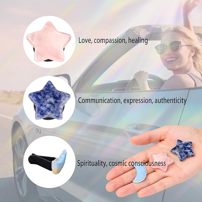 Moon Stars Car Decor,Boho Air Vent Clips,Refillable Car Fresheners,3pcs Natural Crystal Stone Hippie Dashboard Decorations Accessories,Best Wishes for Lover and Friend (Blue & Pink)