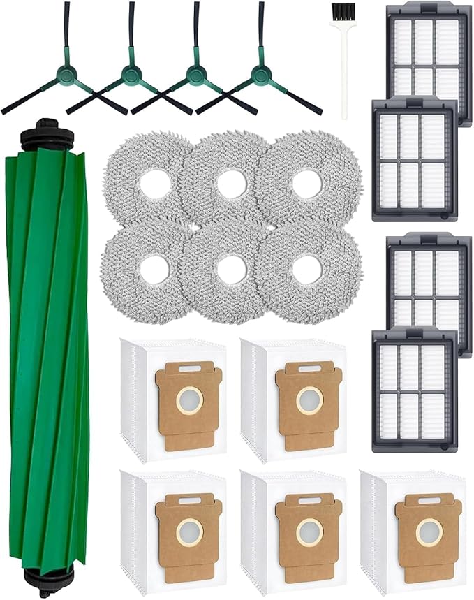 21 Pcs Replacement Parts for iRobot Roomba Plus 405/505/507 Combo Robot Vacuum Cleaner: 1 Main Brush, 4 Side Brushes, 4 HEPA Filters, 5 Dust Bags, 6 Mop Pads, 1 Cleaning Brush
