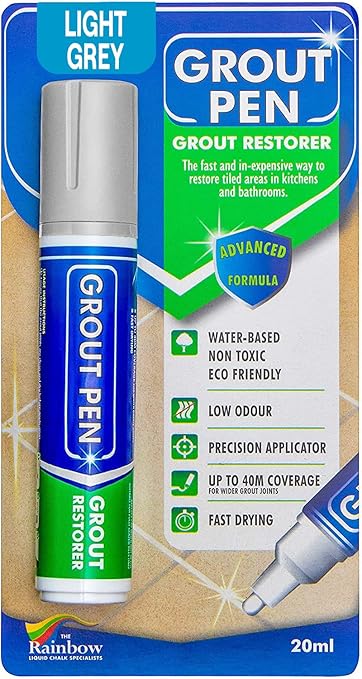 Grout Pen Light Grey Tile Paint Marker: Waterproof Grout Paint, Tile Grout Colorant and Sealer Pen - Light Grey, Wide 15mm Tip (20mL)