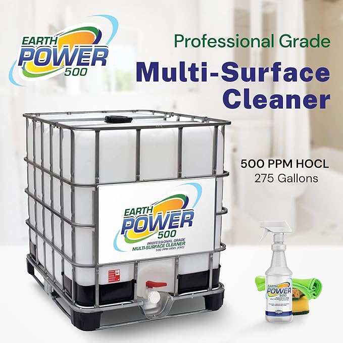 Earth Power Hypochlorous Acid 500 PPM Multipurpose Cleaner – Natural & Non-Toxic – Tile, Refrigerator, Shower, Countertop & Floor Cleaner – Family, Food & Pet Safe Cleaning Supplies – 500 Gallon
