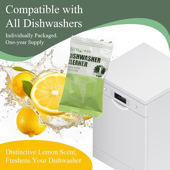 24PCS Dishwasher Cleaner and Deodorizer Tablets with Electric Pepper Grinder, Deep Cleaning Formula Tablets for Removing Limescale, Odor, Smell, Hard Water Residue(Lemon-Scented)