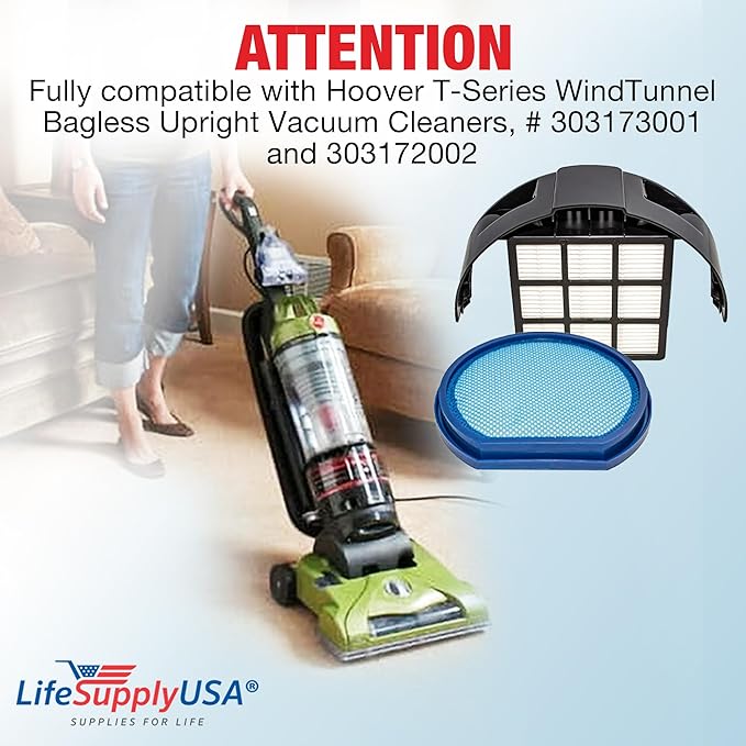 Vacuum Filter Replacement + Exhaust HEPA Kit Compatible with Hoover T-Series WindTunnel Bagless Upright Vacuum Cleaners, # 303173001 and 303172002 by LifeSupplyUSA