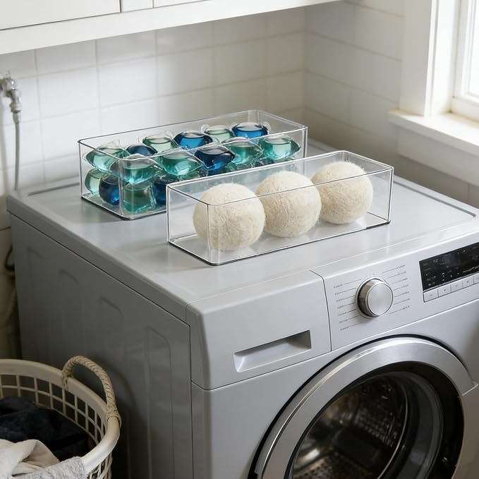 Rainmae 2 Pcs Magnetic Dryer Ball Holder Set Laundry Pods Dryer Sheets Storage Baskets for Laundry Room Organization Wall Mounted Magnetic Dryer Ball Container Basket for Storage and Home Organization