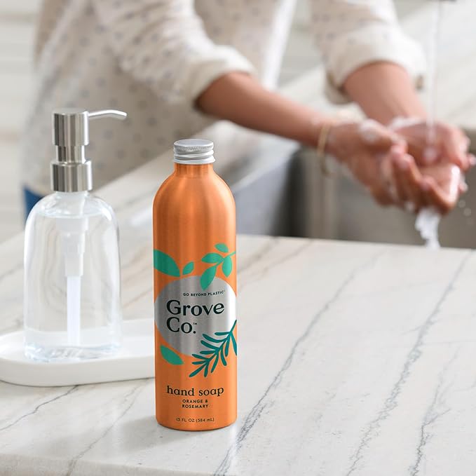 Grove Co. Hydrating Gel Hand Soap Refills (2 x 13 Fl Oz) + 1 x Reusable Glass Soap Dispenser, Plastic-Free & Liquid Refillable Starter Kit, Natural Orange & Rosemary Fragrance