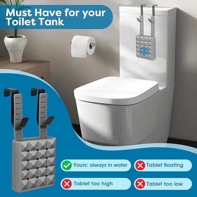 Adjustable Toilet Tank Cleaning Tablet Holder-Hanging Silicone Basket Carrier with Rustproof Hooks for Bowl Cleaner & Bleach Tablet Organizer, Accessory Fit Up to 7" Water Level