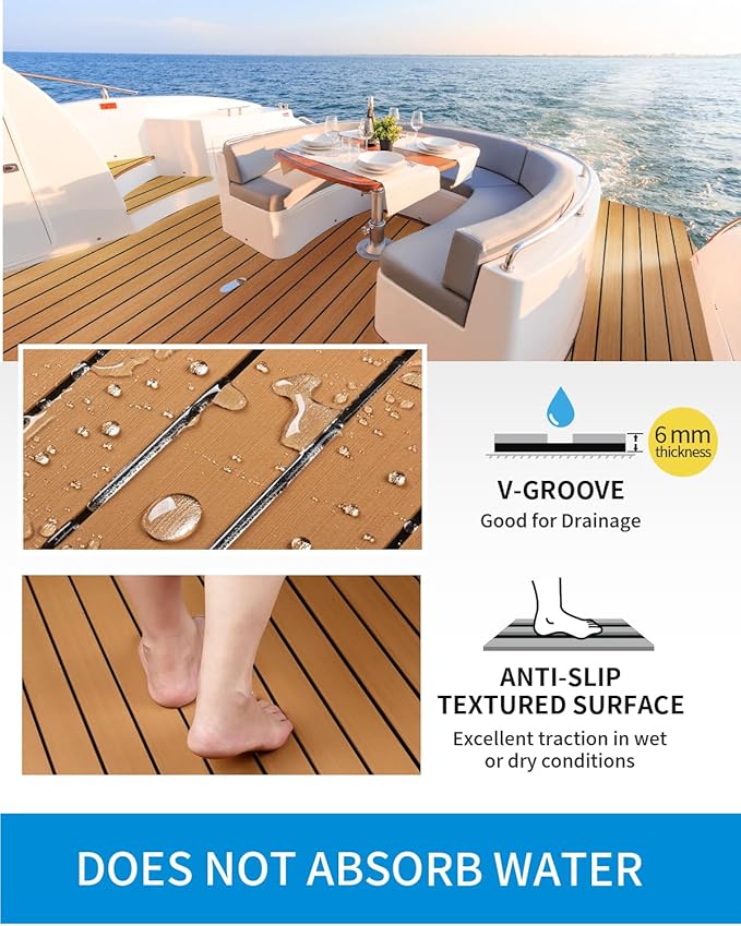 OCEANBROAD EVA Foam Boat Flooring with 3M Adhesive Backing Marine Self-Adhesive Decking 96''x45.6''/36''/28.8''/16.8'', 48''x16.8'' Faux Teak Sheet for Jon Boats Swim Platform Helm Pad RV Floor