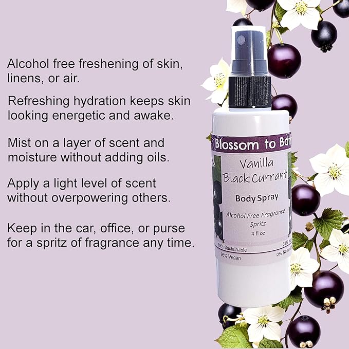 Blossom to Bath Vanilla Black Currant Body Spray (4 Ounce) - Natural Fragrance - Energizes Skin with a Sensuous Berry Scent