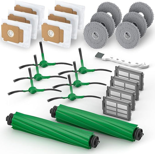 Replacement Parts for iRobot Roomba Plus 405/505 Combo Robot Vacuum and Mop,25 Pcs Accessories Kit:2 Main Brushes,6 Dust Bags,4 Filters,6 Mop Pads,6 Side Brushes,1 Cleaning Brush(25)