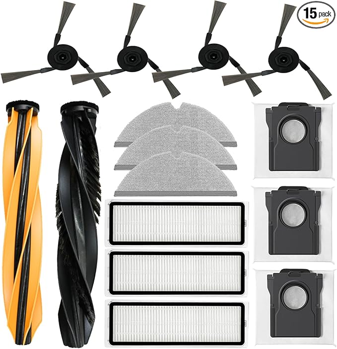 Replacement Dreame Parts Kit for D20 Plus / D20 Pro Plus: 15 Pack Accessories 2 Roller Brush 4 Side Brushes 3 Washable Filter 3 Washable Mop Pads 3 Dust Bags