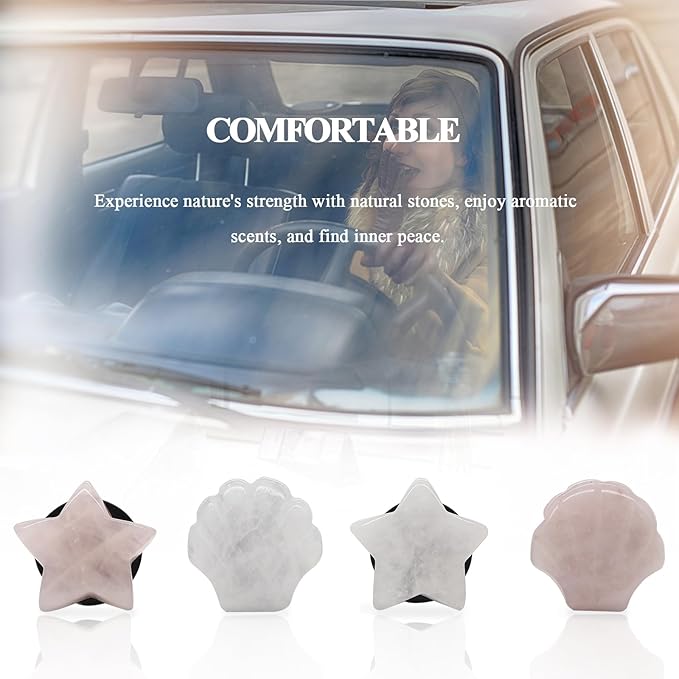 Boho Car Decor,4pcs Beach Car Air Freshener Vent Clips,Natural Crystal Stone Stars Seashell Hippie Decoations for Women,Best Wishes for Lover and Friend (white and pink)