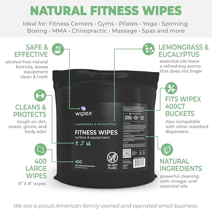 Wipex Fitness Wipes Bucket Refill Roll - EWG Verified - Plant-based Fitness Equipment Wipes, Lemongrass, Eucalyptus & Vinegar to Clean Surfaces, Yoga Mat & Gym Cleaner and Peloton Bikes, 400 Count