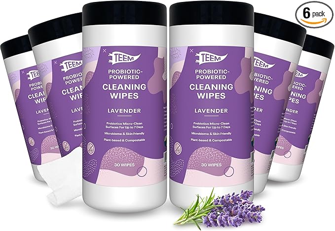 TEEM Probiotic Cleaning Wipes with Lavender Essential Oil, Microcleans Surfaces for up to 7 Days, Home Compostable & Biodegradable, Multi Surface Wipes by SCD Probiotics, 30 Count (Pack of 6)