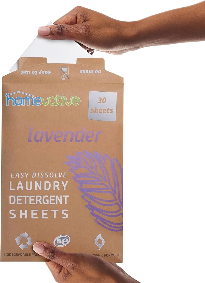 Homevative Laundry Detergent Sheets, 30 Sheets, Up to 60 Loads, Easy Dissolve, Lavender, Eco package, HE Compatible, Septic friendly, Great for travel, college, laundromat and at home