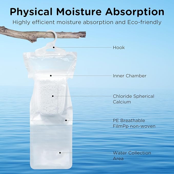 W&E Choice Moisture Absorbers Hanging Bag for Your Closet, Dehumidifier Bags for Bathroom, Fragrance Free Humidity Packs, 10 Pack, 9.9 Oz