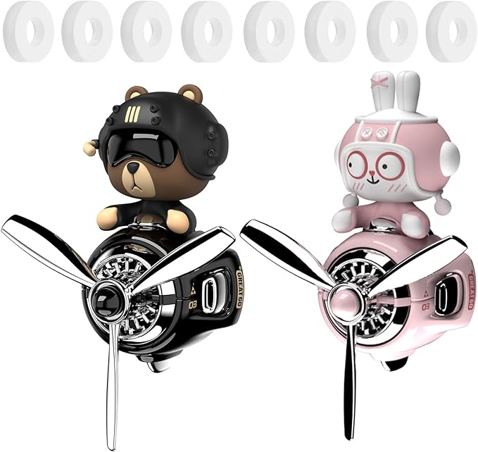2Pcs Car Air Fresheners, Cute Bear Pilot Automotive Air Outlet Creative Car Perfume Diffuser, Automotive Accessories Air Vent Decoration with 8 Fragrant Tablets (Black 1+Pink 1)