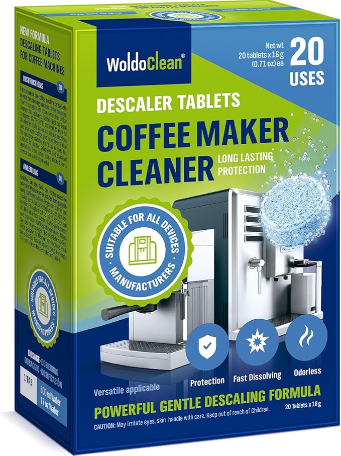WoldoClean Coffee Machine Cleaner & Descaler Tablets (20 Count) - Universal Descaling Tabs Compatible with Nespresso, Keurig, Ninja, Breville & Drip Coffee Makers, Removes Limescale & Mineral Buildup
