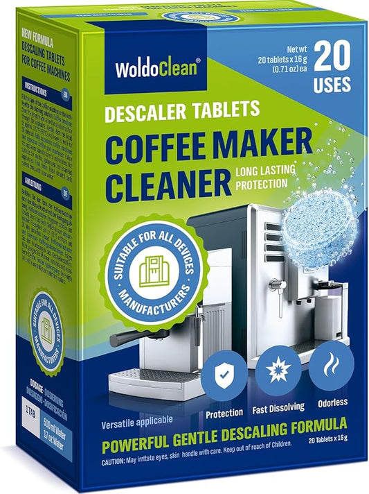 WoldoClean Coffee Machine Cleaner & Descaler Tablets (20 Count) - Universal Descaling Tabs Compatible with Nespresso, Keurig, Ninja, Breville & Drip Coffee Makers, Removes Limescale & Mineral Buildup