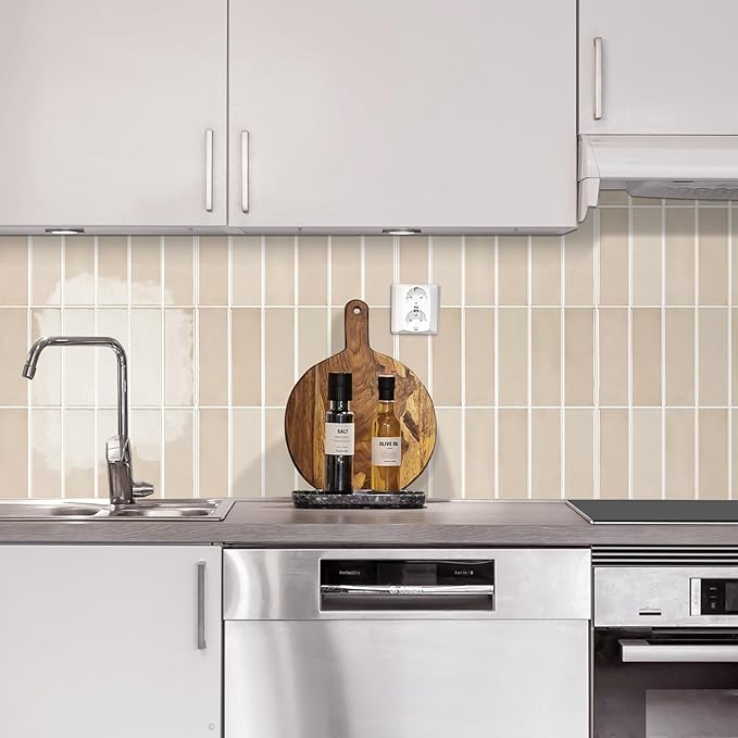 Peel and Stick Tile，New Upgrade Thicker Design Self Adhesive 12" x 12" Large Premium Peel and Stick Backsplash for Kitchen (Beige).