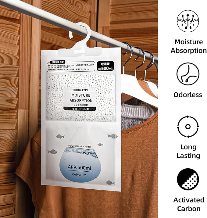 Hanging Moisture Absorbers, Portable Dehumidifier Bags, Fragrance Free Humidity Absorber for Closet, Suitable for Bedroom, Bathroom, Kitchen (230g/Pack, 5 Packs)