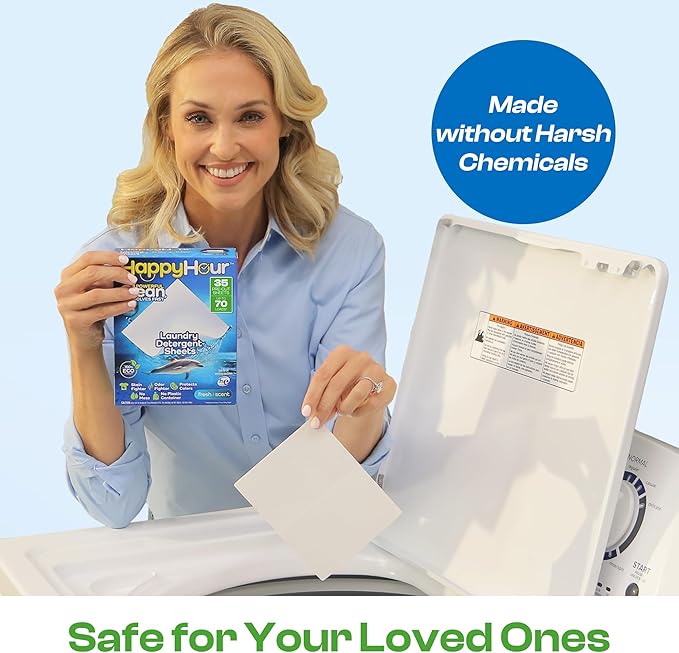 HAPPY HOUR Laundry Detergent Sheets Fresh Scent – 70 Loads, Eco Friendly, Liquidless Soap, Travel Friendly for Hot & Cold Cycles, Fights Tough Stains & Odors, Hypoallergenic for Sensitive Skin