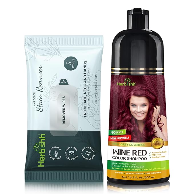 Herbishh Hair Color Shampoo for Gray Hair Wine Red 500 ML + Hair Color Stain Remover Wipes - Travel Pack With 5 Wipes