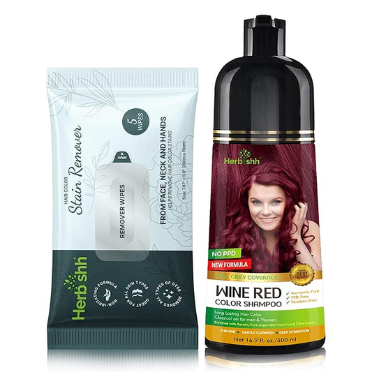 Herbishh Hair Color Shampoo for Gray Hair Wine Red 500 ML + Hair Color Stain Remover Wipes - Travel Pack With 5 Wipes