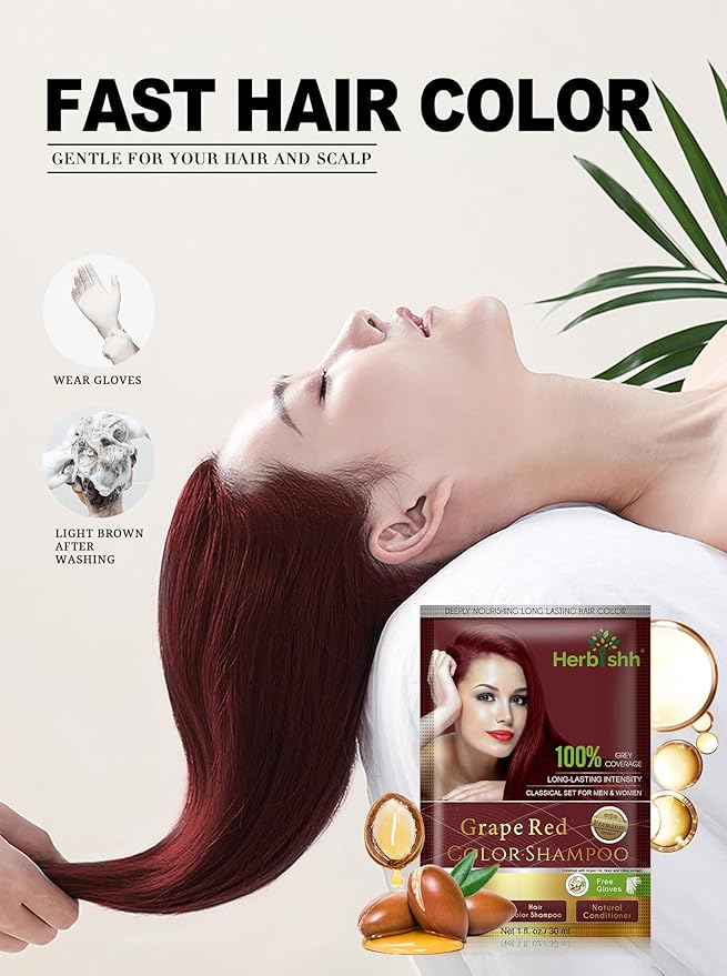 Herbishh Hair Color Shampoo for Gray Hair Grape Red + Hair Color Stain Remover Wipes - Travel Pack With 5 Wipes